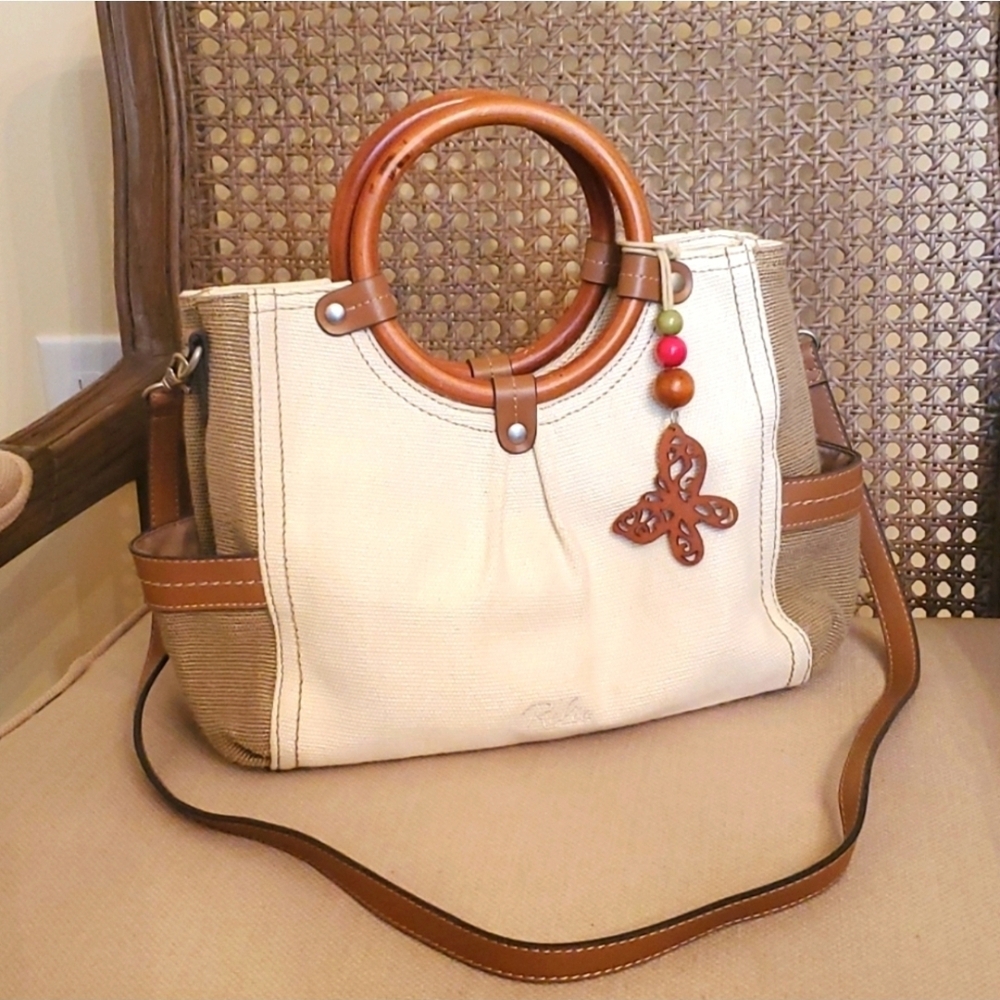 Relic Cream and Tan Shoulder Bag with Wooden Handles